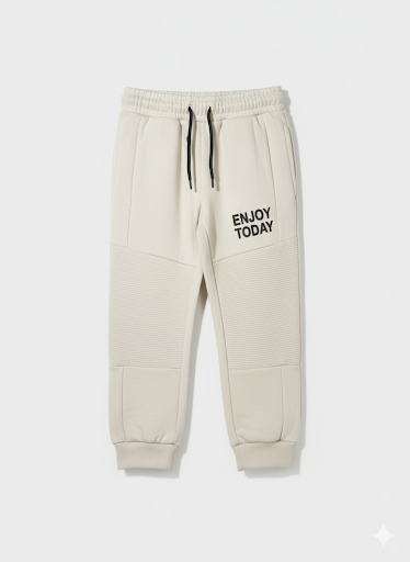 Kids' Beige Ribbed Knee Joggers with "Enjoy Today" Print