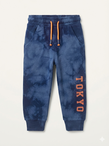 Boys' Navy Blue Tie-Dye Joggers with Orange Tokyo Print
