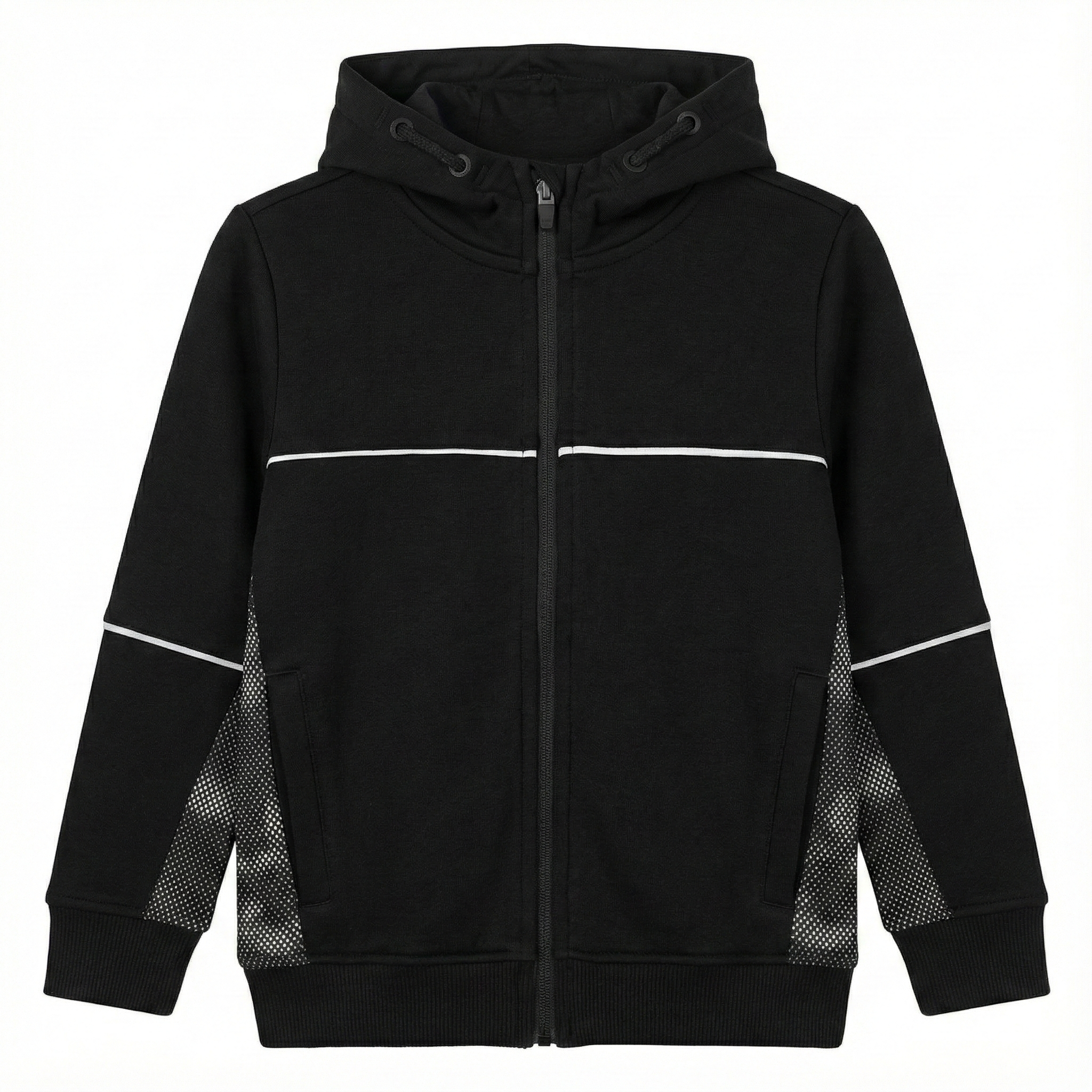Boys Black Sport Fleece Hoodie with Mesh Side Panels Short/Clean: Black Activewear Zip-Up with White Trim