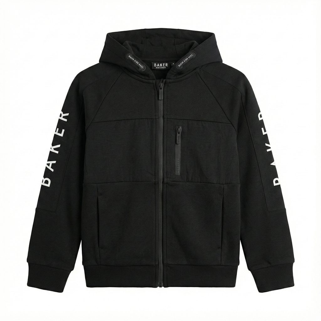 Boy Baker Black Tech-Fleece Zip-Up Hoodie with Sleeve Graphics (BG-000078)