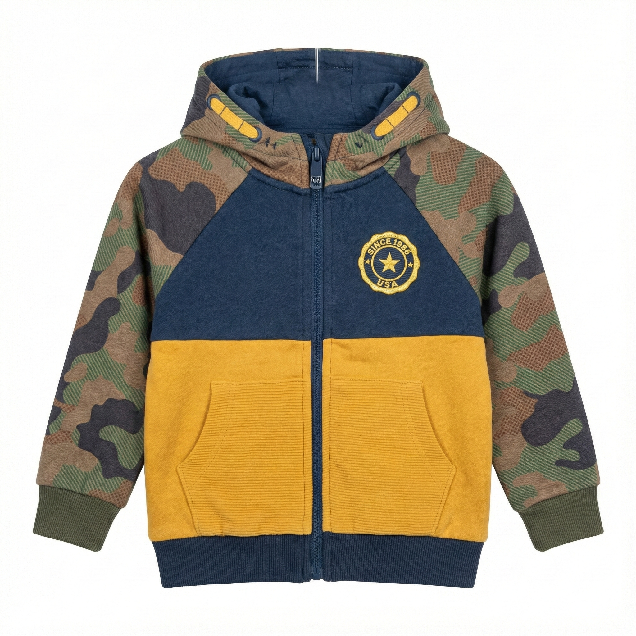 Tri-Color Camouflage & Mustard Zip-Up Fleece Hoodie