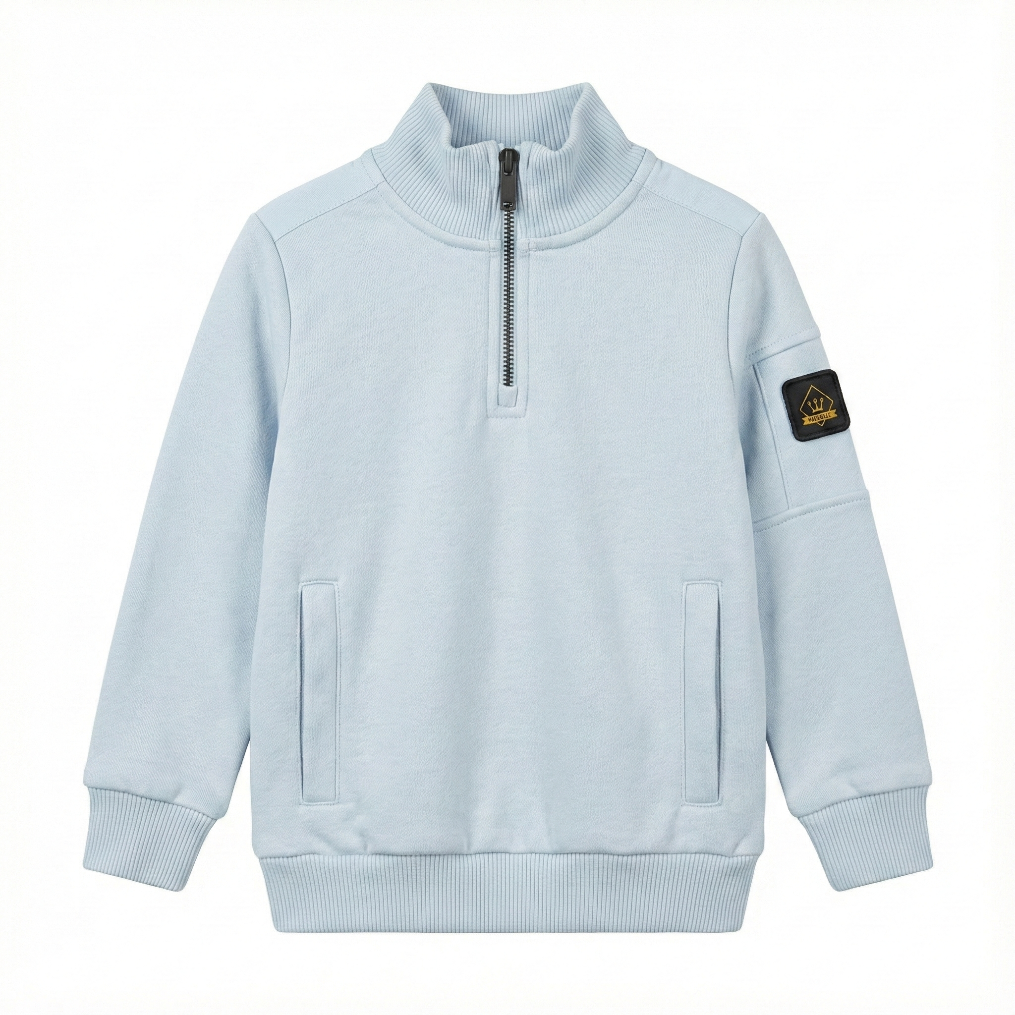 Sky Blue Mock Neck Quarter-Zip Sweatshirt with Sleeve Badge