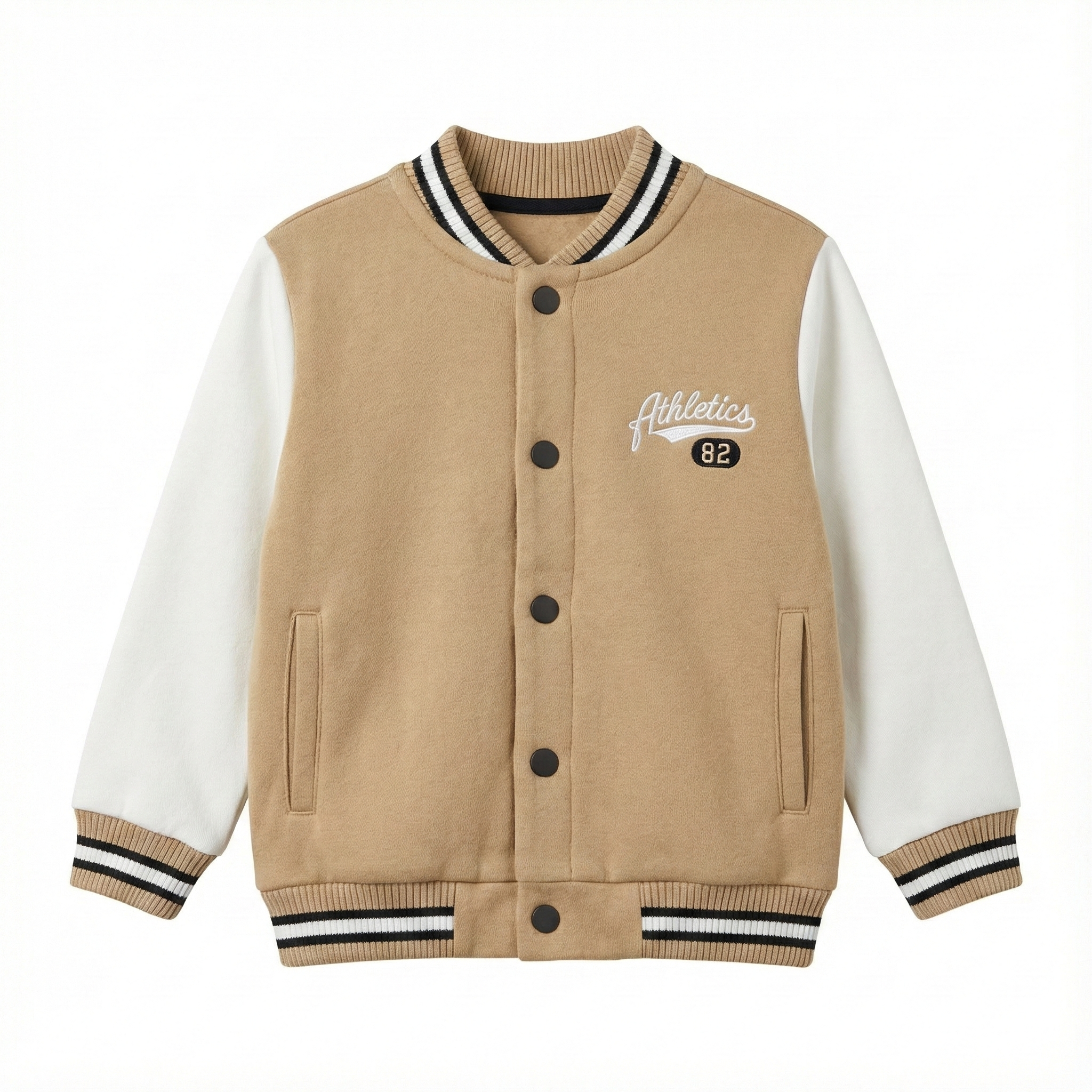 Beige & White "Athletics 82" Varsity Bomber Jacket