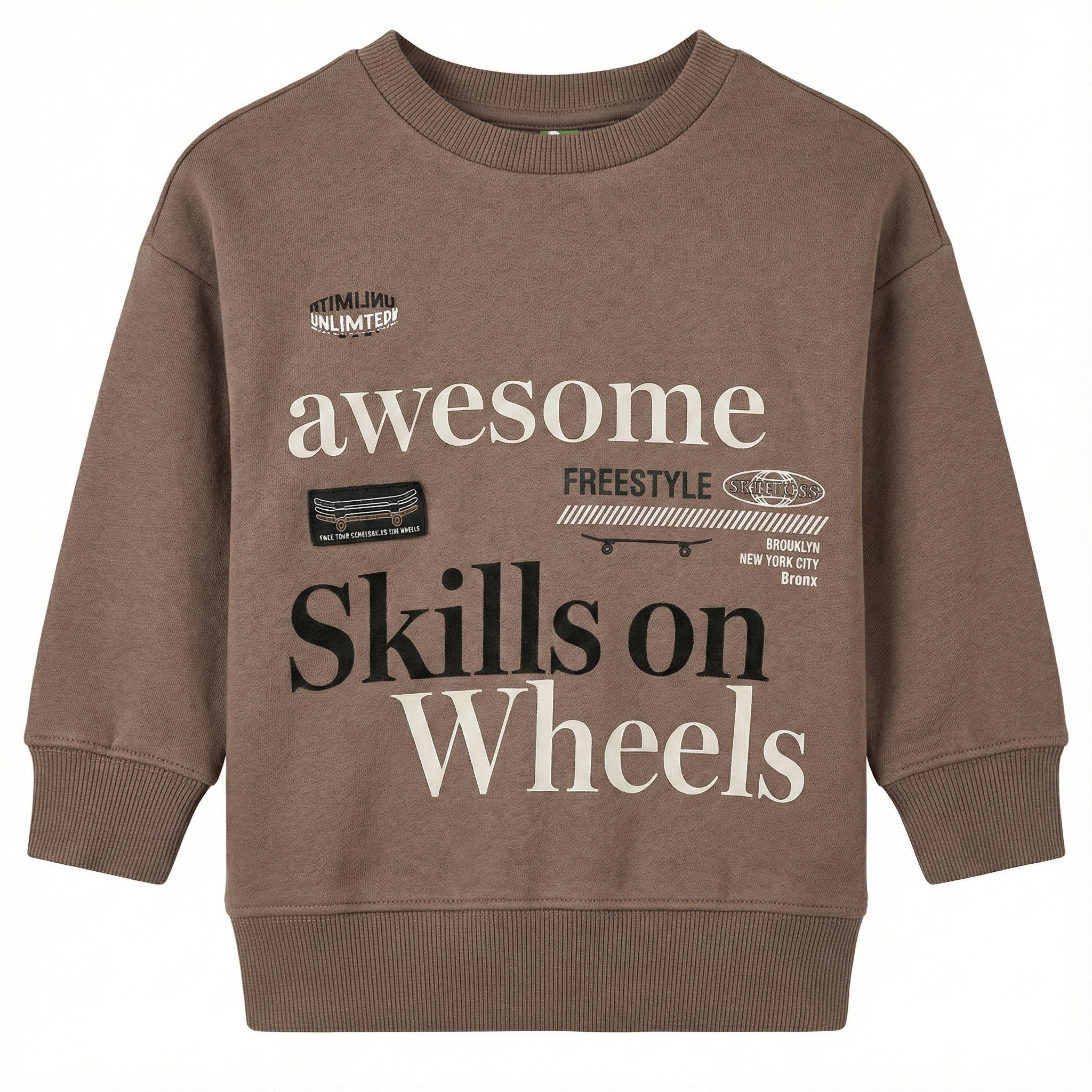Boys Brown Sweatshirt - "Awesome Skills on Wheels" Skater Typography