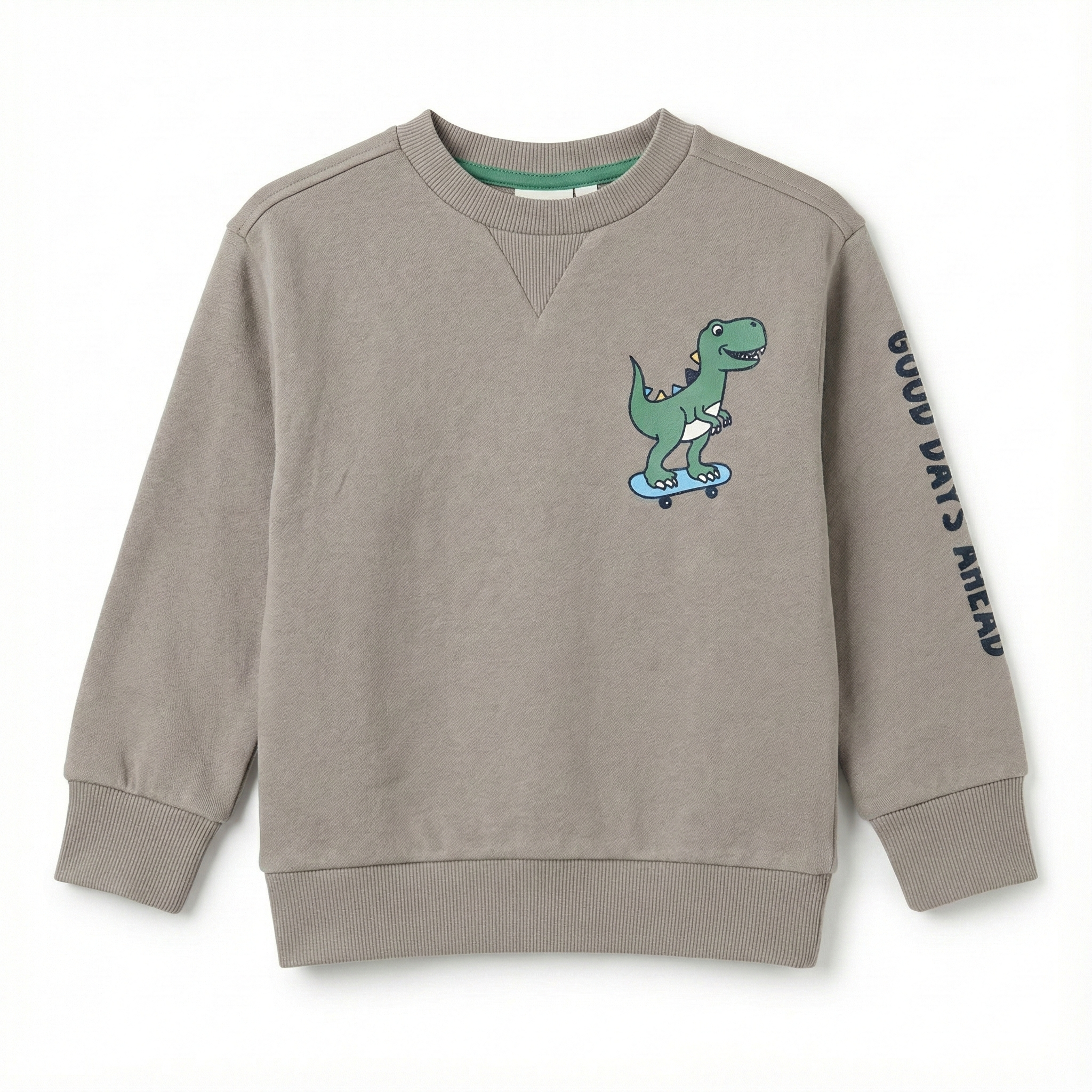 Kids Grey Sweatshirt - Dinosaur Skateboard Graphic & "Good Days Ahead" Sleeve Print