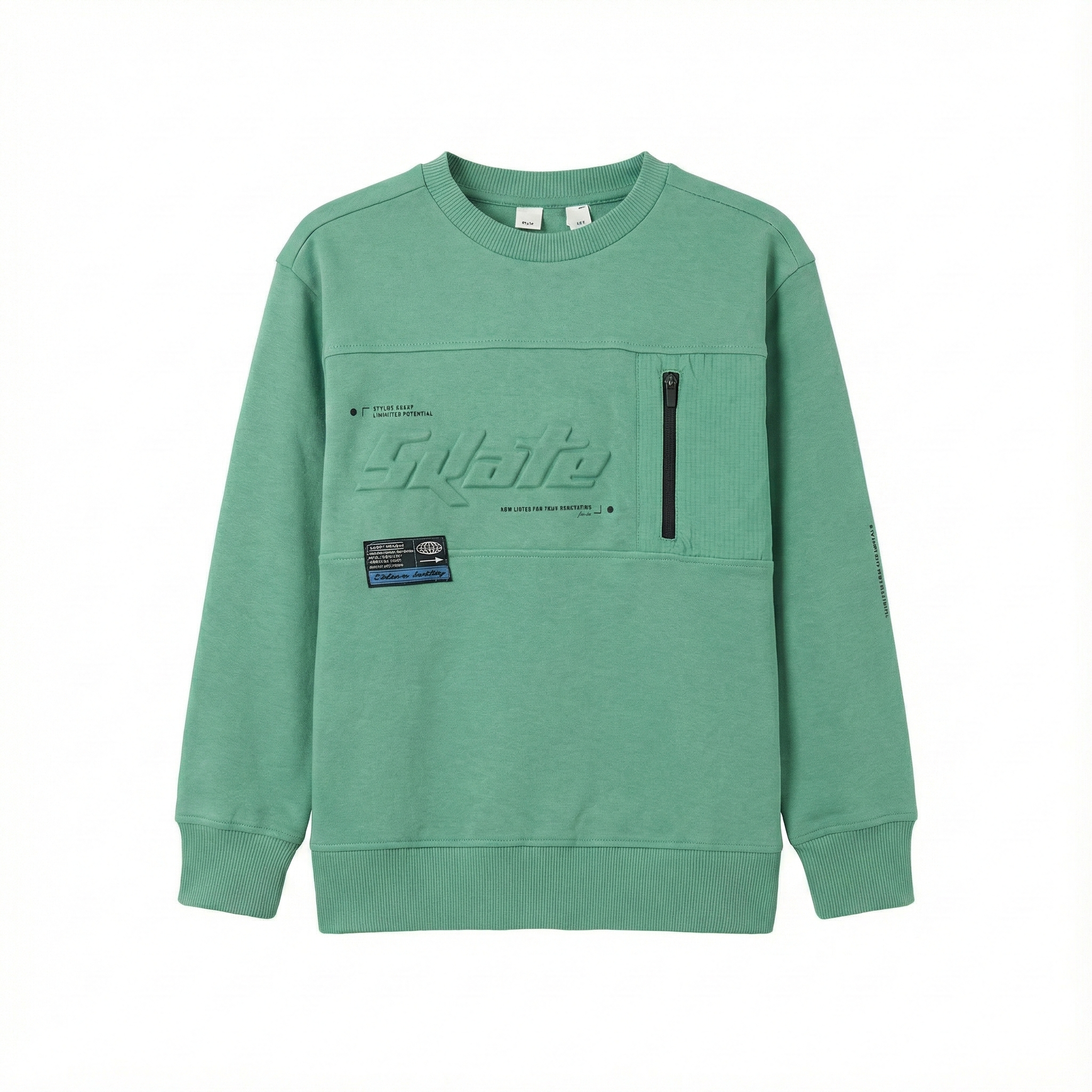 Boys Green Streetwear Sweatshirt - Embossed "Skate" Text & Zipper Pocket