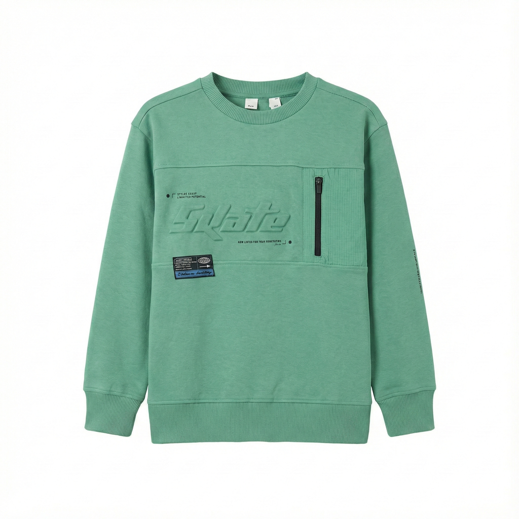 Boys Green Streetwear Sweatshirt - Embossed "Skate" Text & Zipper Pocket (BG-000037)