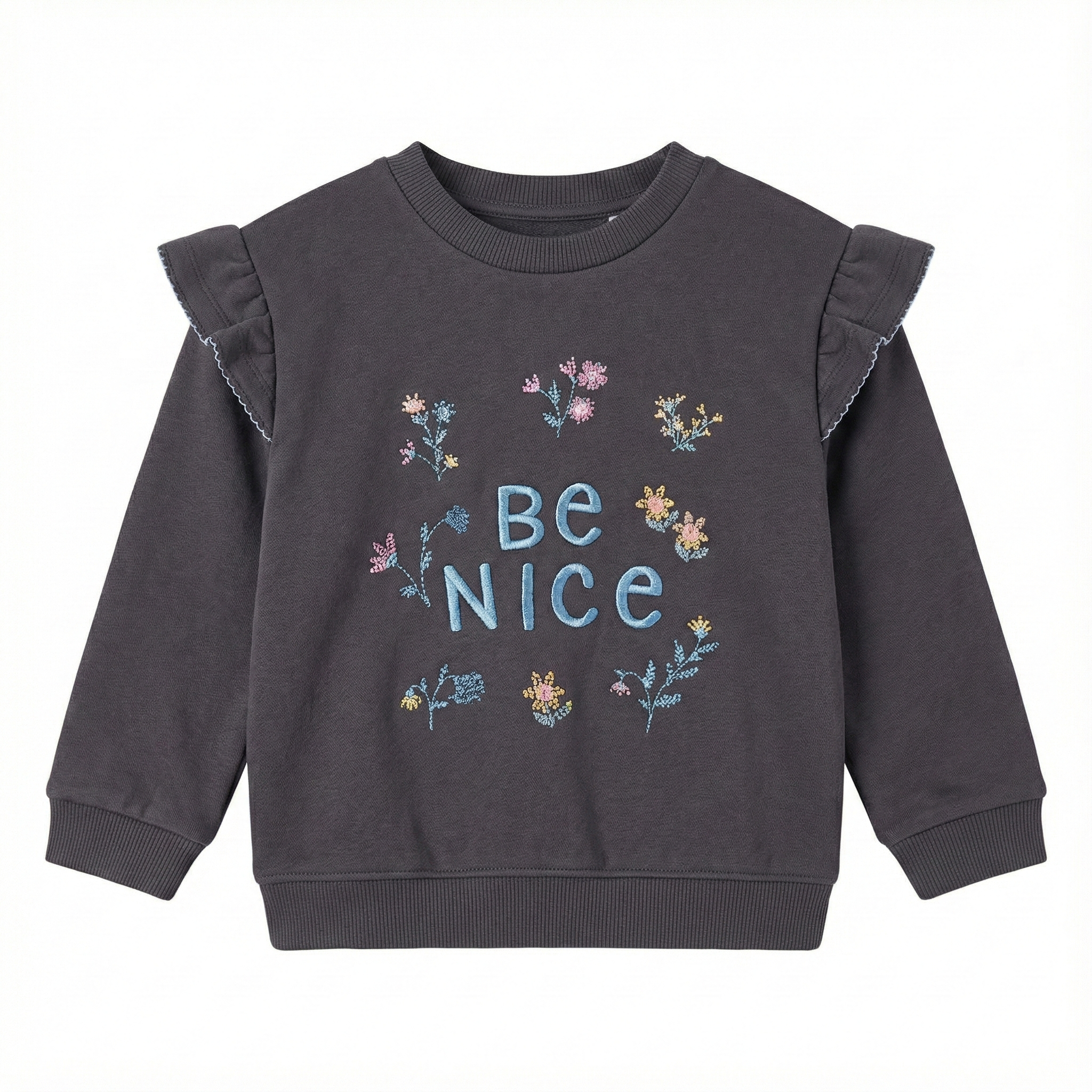 Girls Charcoal Grey Ruffle Sweatshirt - Embroidered "Be Nice" Floral Graphic