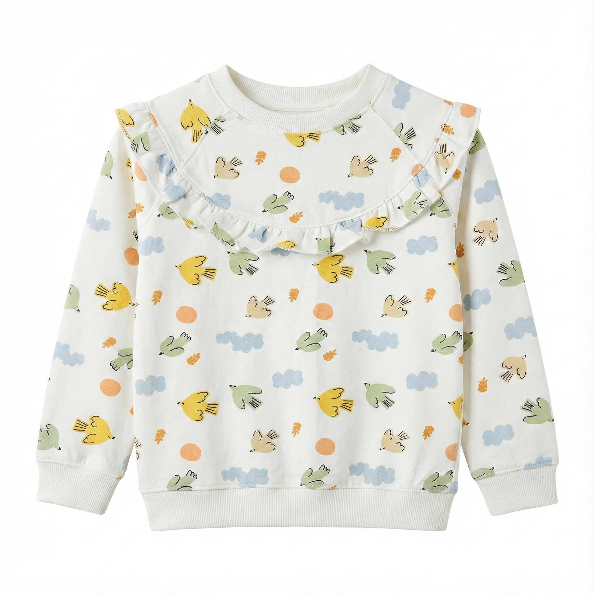 Girls Cream Ruffle Collar Sweatshirt - Cute Bird & Cloud Allover Print