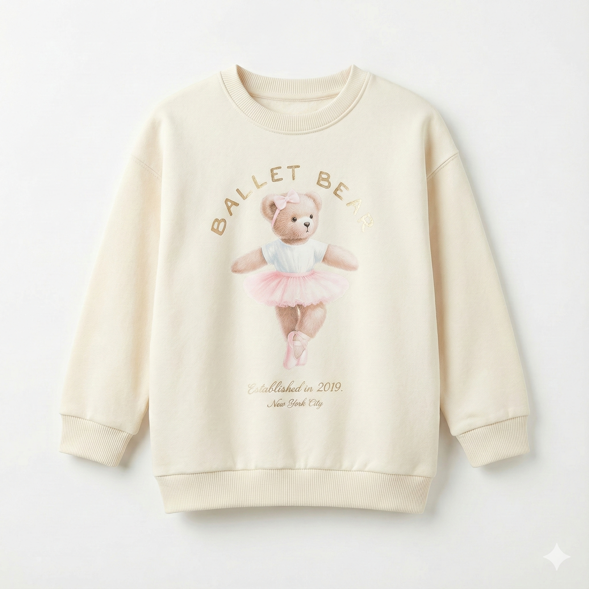 Girls Cream Sweatshirt - Cute "Ballet Bear" Graphic with Gold Foil Text