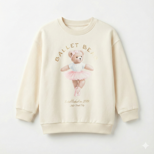 Girls Cream Sweatshirt - Cute "Ballet Bear" Graphic with Gold Foil Text