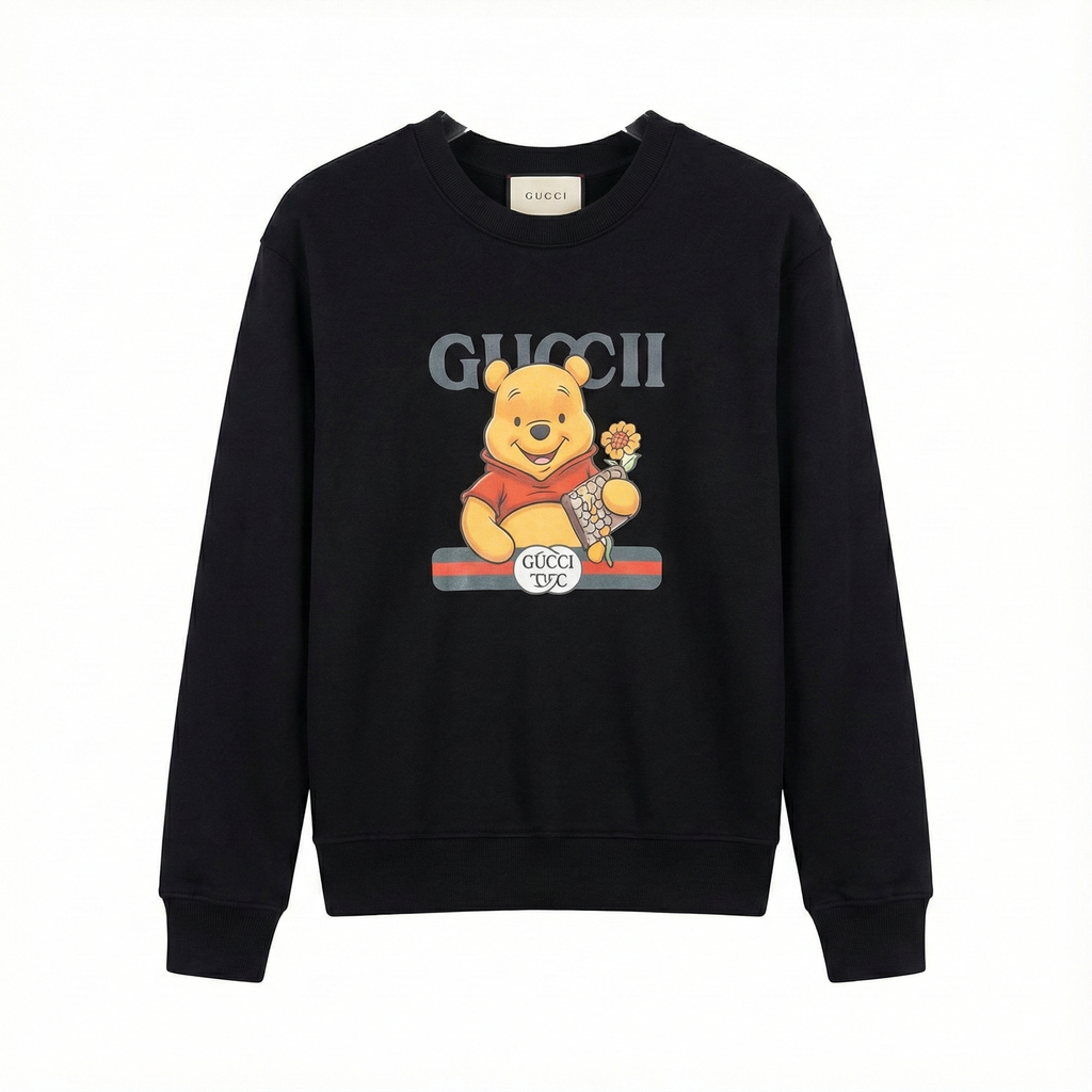 Kids Black Crewneck Sweatshirt - Cute Bear & Flower Graphic Print (BG-000059)