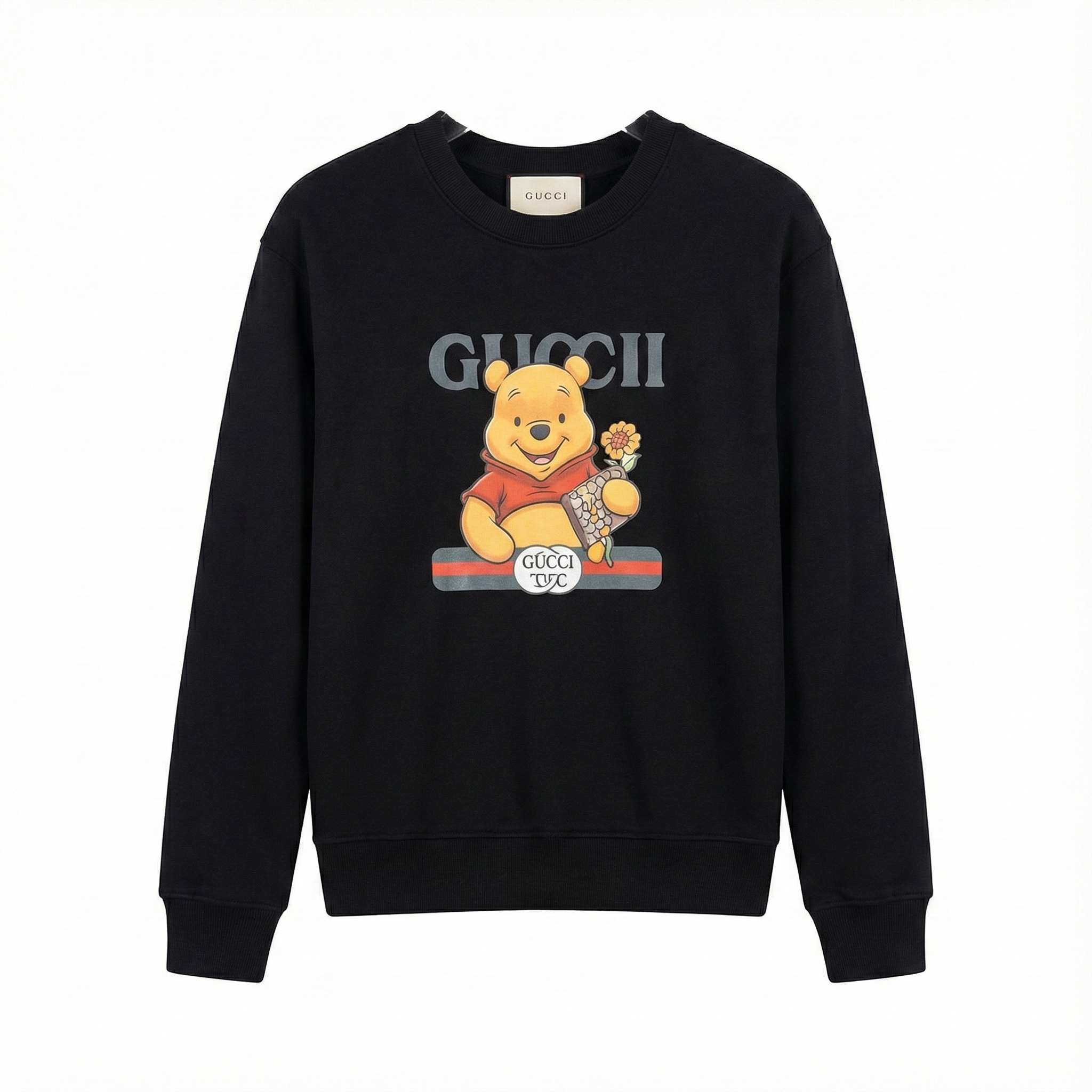 Kids Black Crewneck Sweatshirt - Cute Bear & Flower Graphic Print