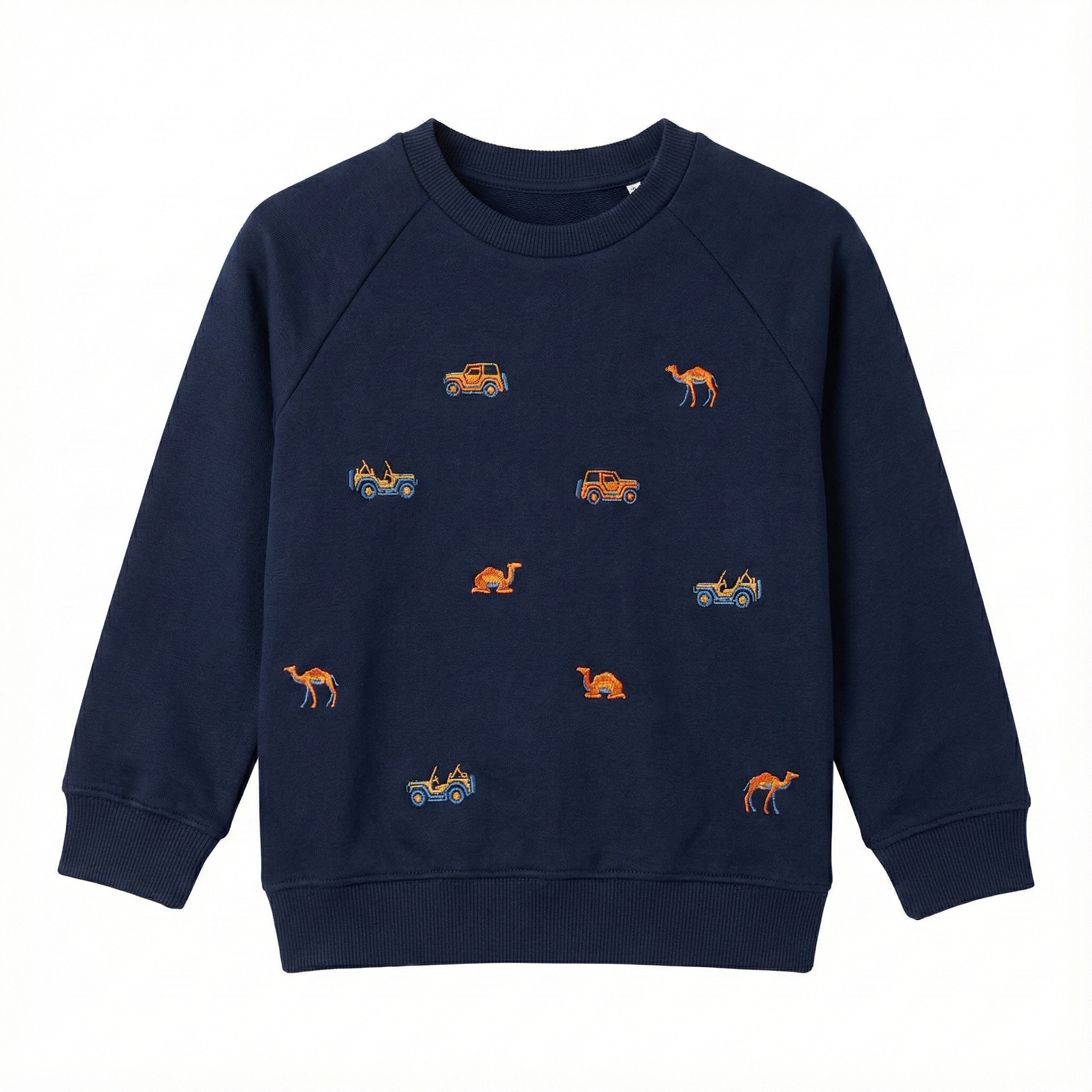 Kids Blue Embroidered Safari Sweatshirt - Jeeps & Camels Pattern