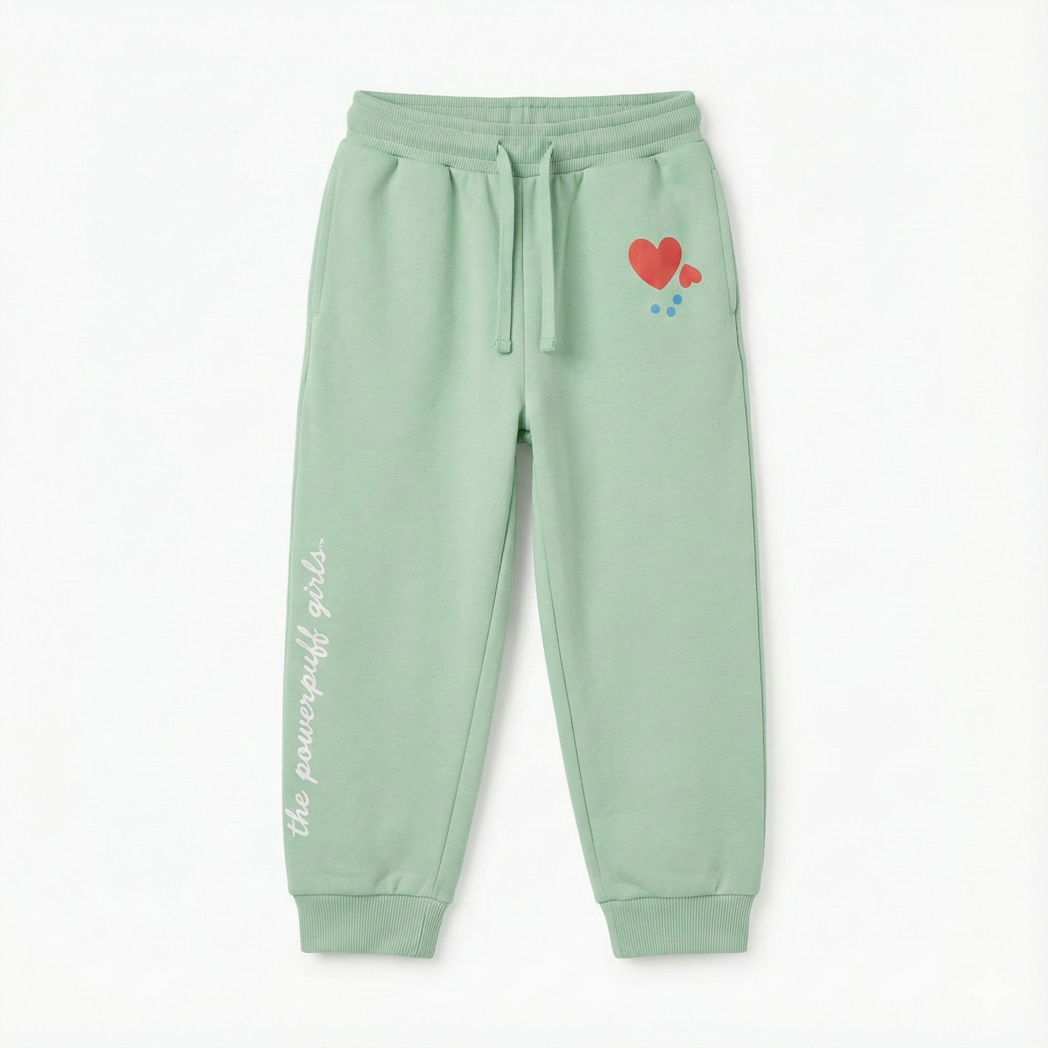 Mint Green Fleece Joggers with Heart Graphic