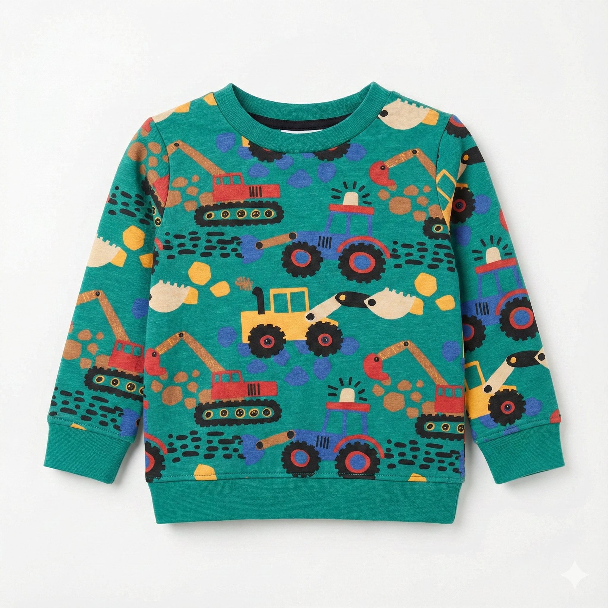 Kids Green Sweatshirt - All-Over Construction Truck Pattern