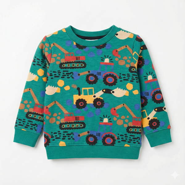 Kids Green Sweatshirt - All-Over Construction Truck Pattern