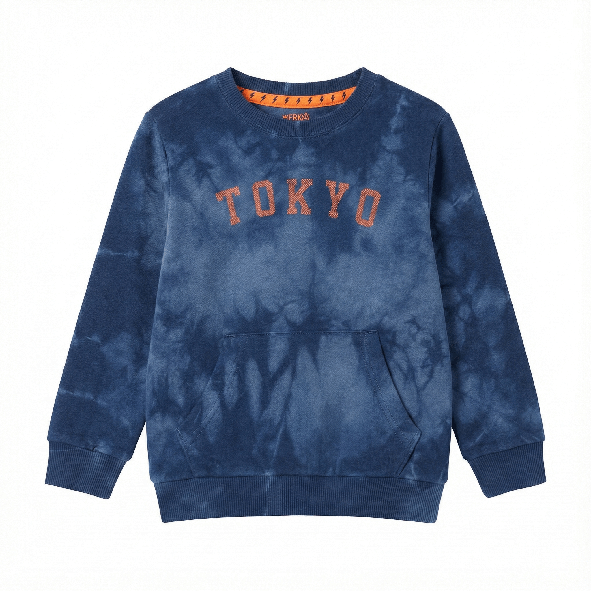 Kids Tie-Dye Sweatshirt - Blue Wash with Orange "Tokyo" Text
