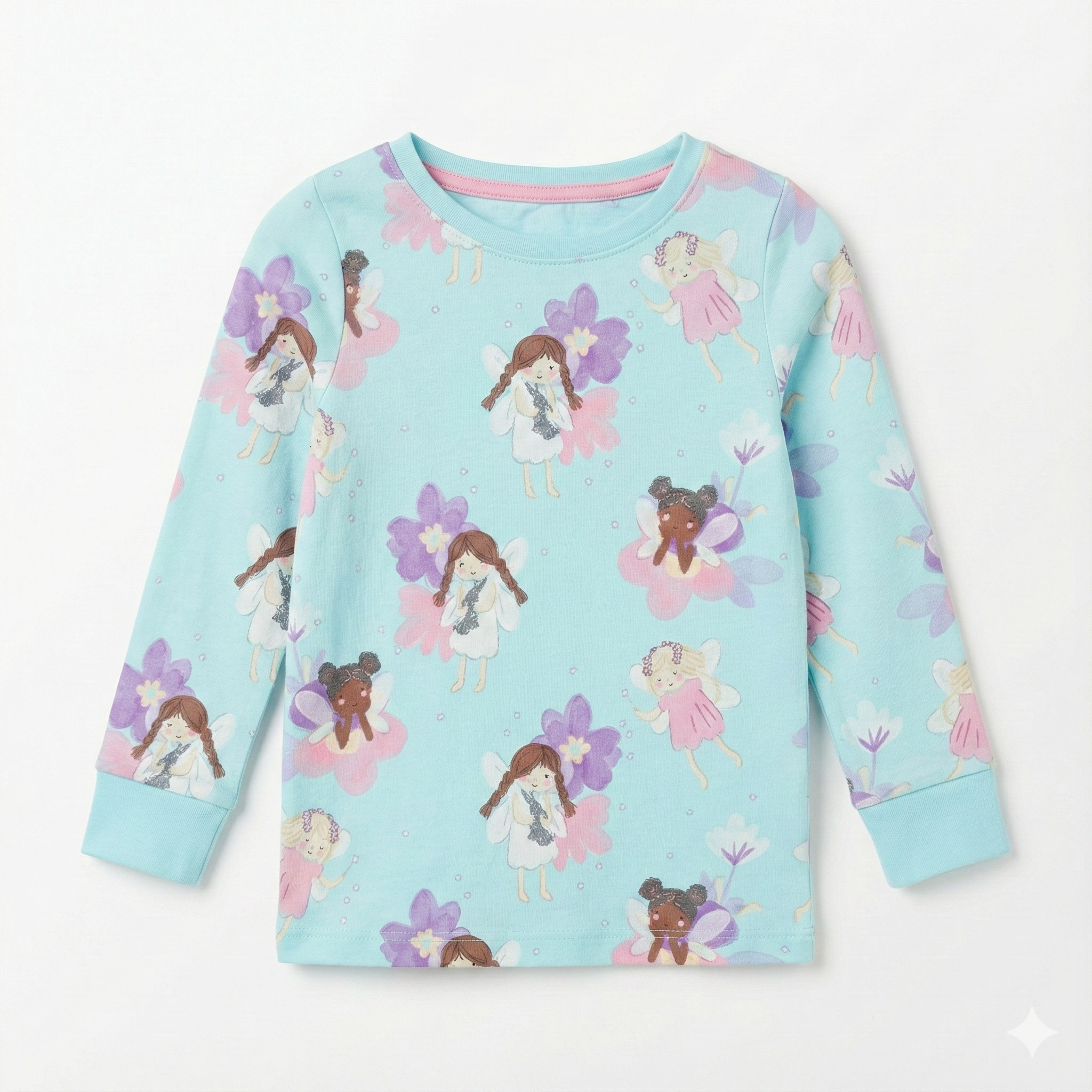 Light Blue Long Sleeve Shirt with Fairy & Floral Print