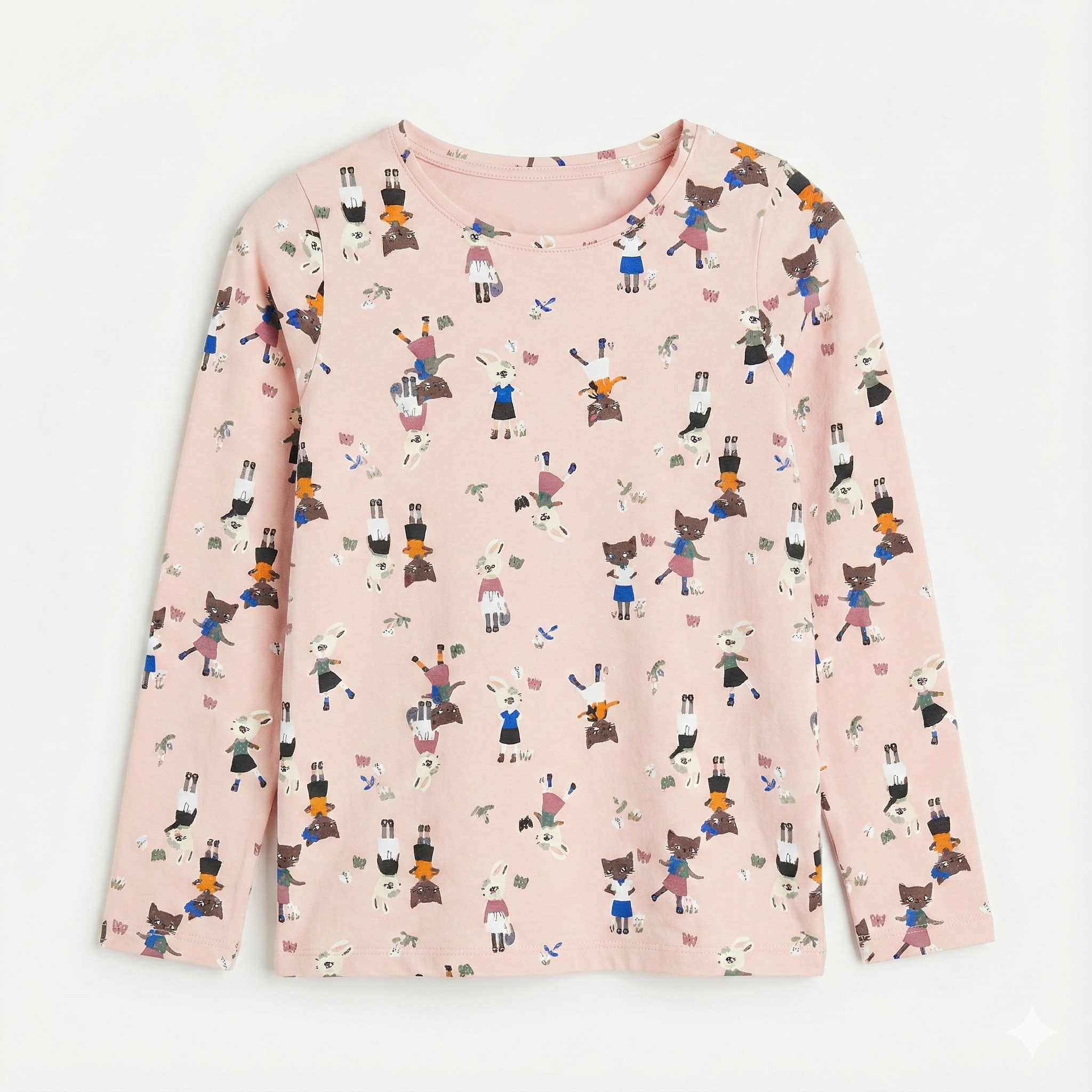 Light Pink Long Sleeved Shirt with Cat & Bunnies Print