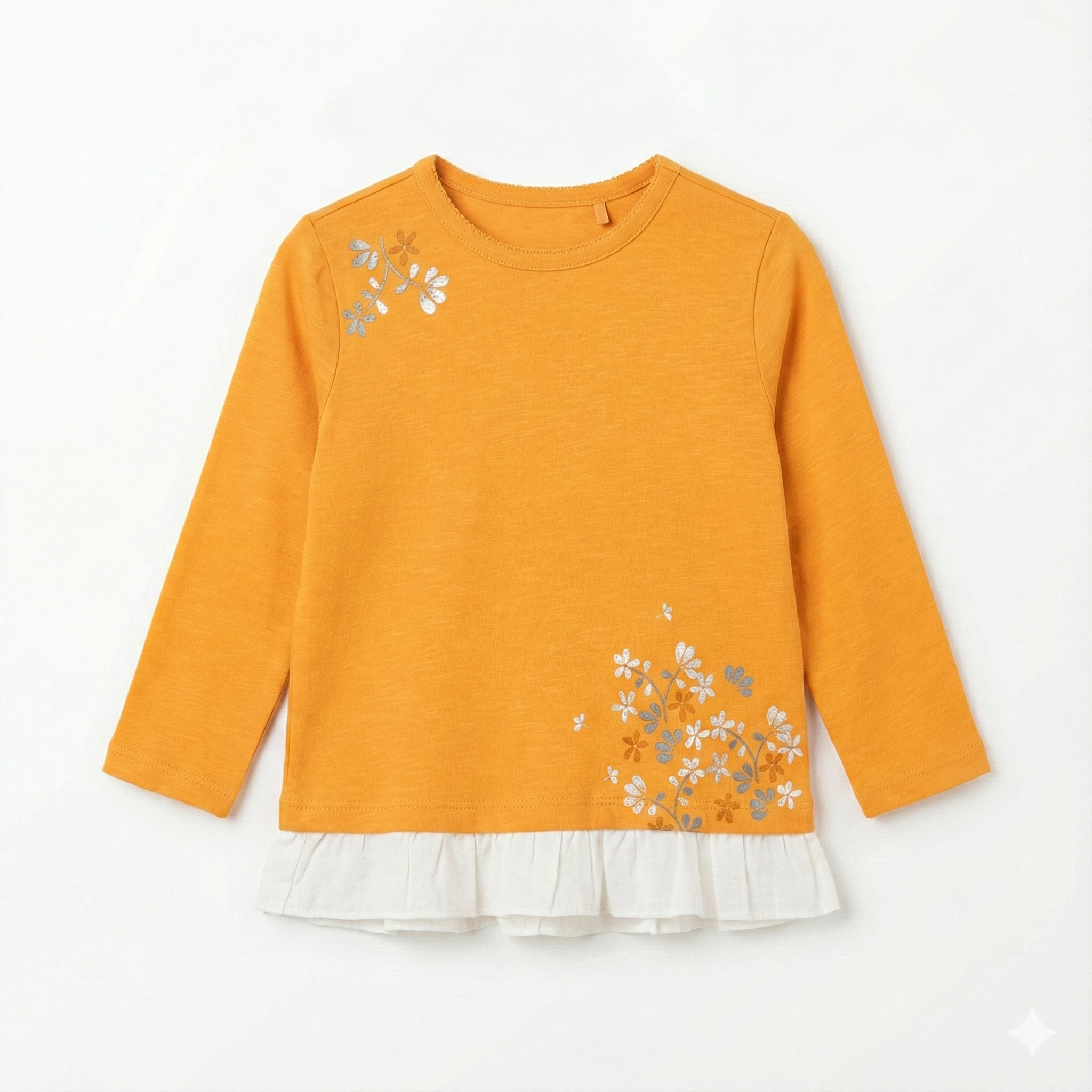 Mustard Yellow Long Sleeved Top with White Tiered  Floral Embroidery