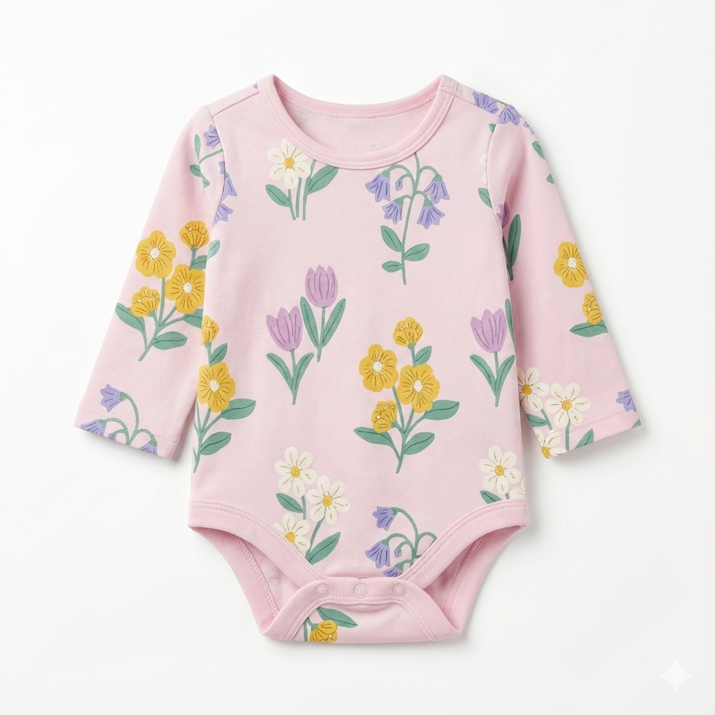 Baby Long Sleeve Bodysuit with Pink Floral Pattern