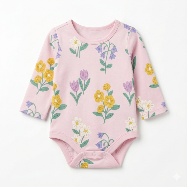 Baby Long Sleeve Bodysuit with Pink Floral Pattern