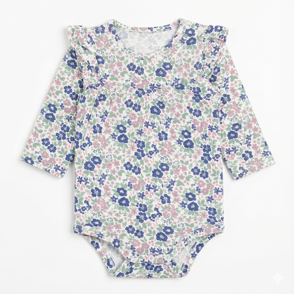 Baby Long Sleeve Bodysuit in Pink & Blue Floral Pattern
