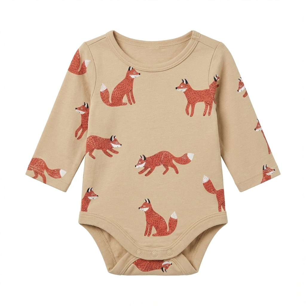 Baby Long Sleeve Bodysuit in Gold Fox Print