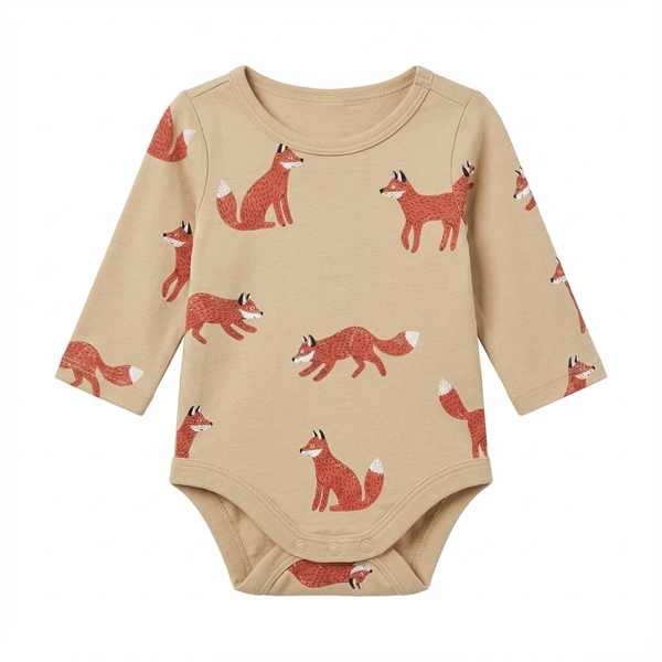 Baby Long Sleeve Bodysuit in Gold Fox Print