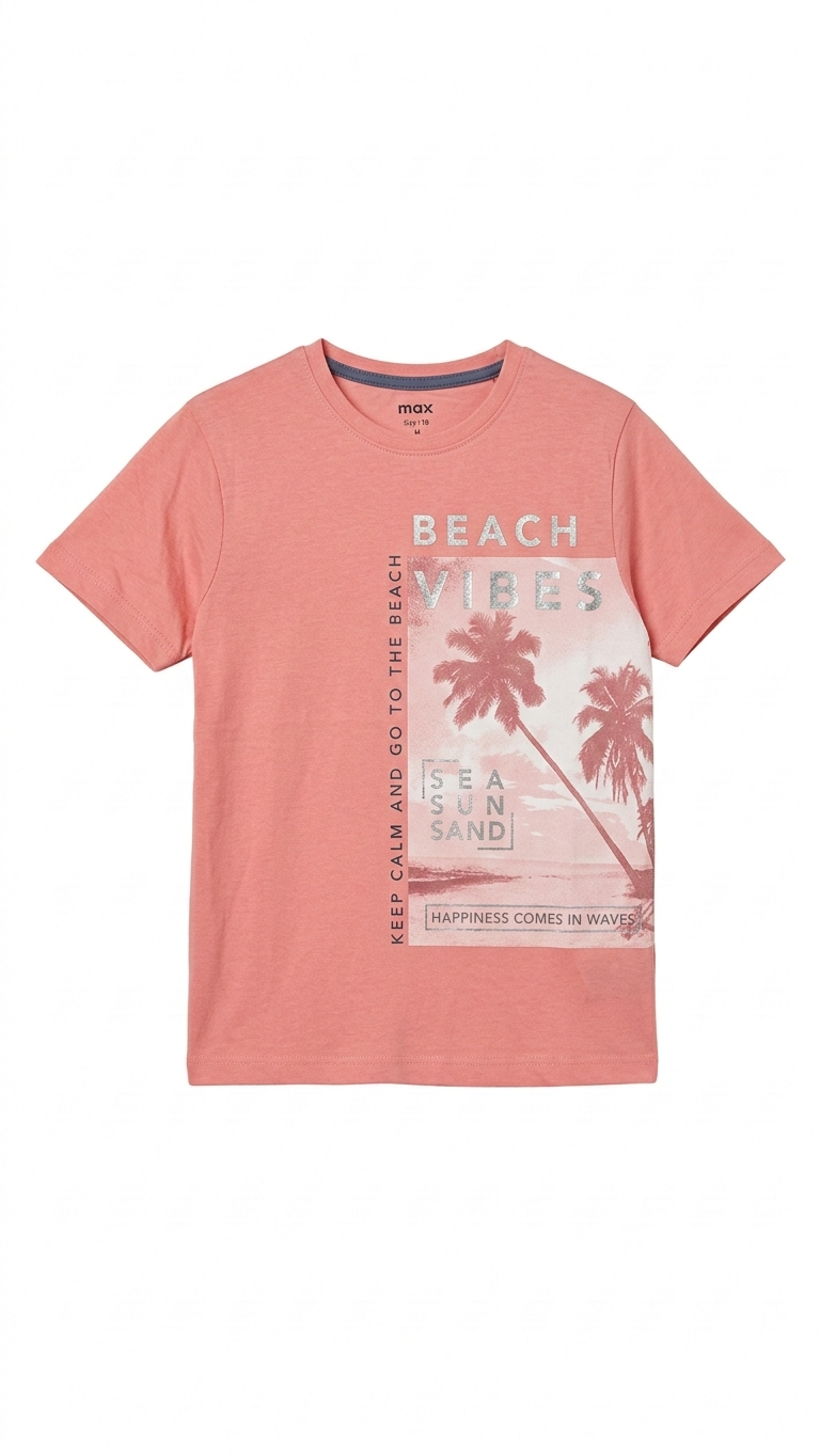Girls Coral Pink Shirt with Beach Vibes Print (BG-000401)