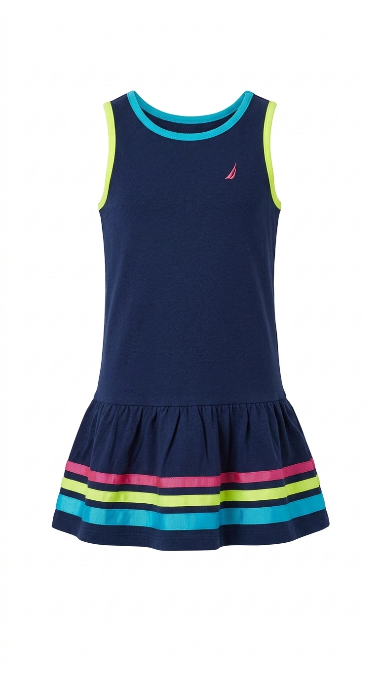 Navy Blue Girls Sleeveless Dress with Colorful Trim (BG-000377)