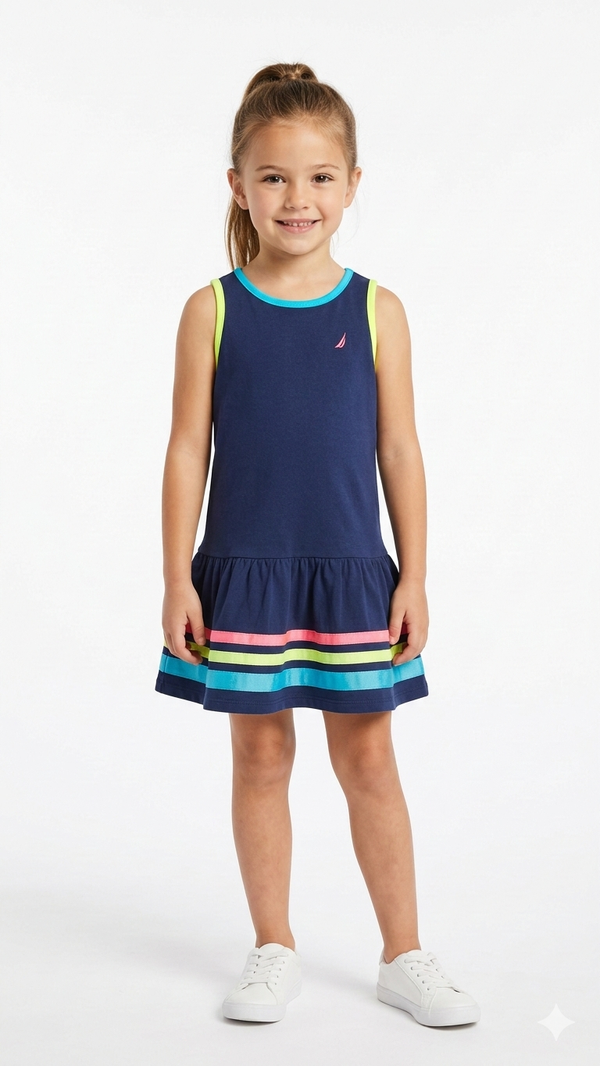 Navy Blue Girls Sleeveless Dress with Colorful Trim (BG-000377)
