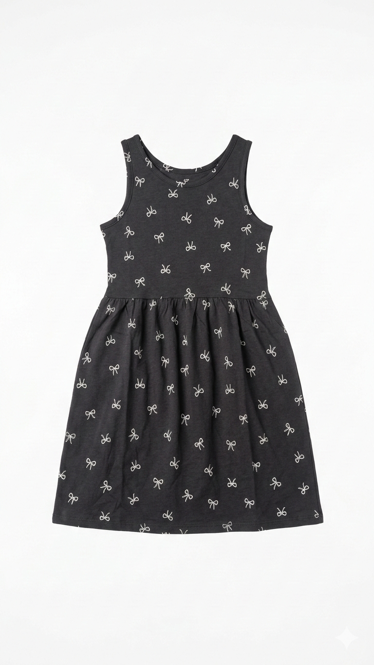 Girls Black Bow Printed Dress (BG-000379)