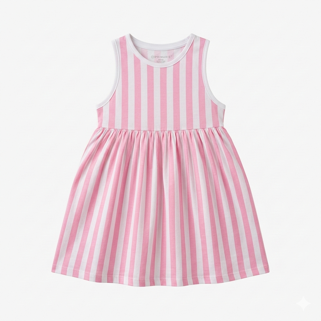 Girls Pink & White Striped Fit and Flare Dress (BG-000380)