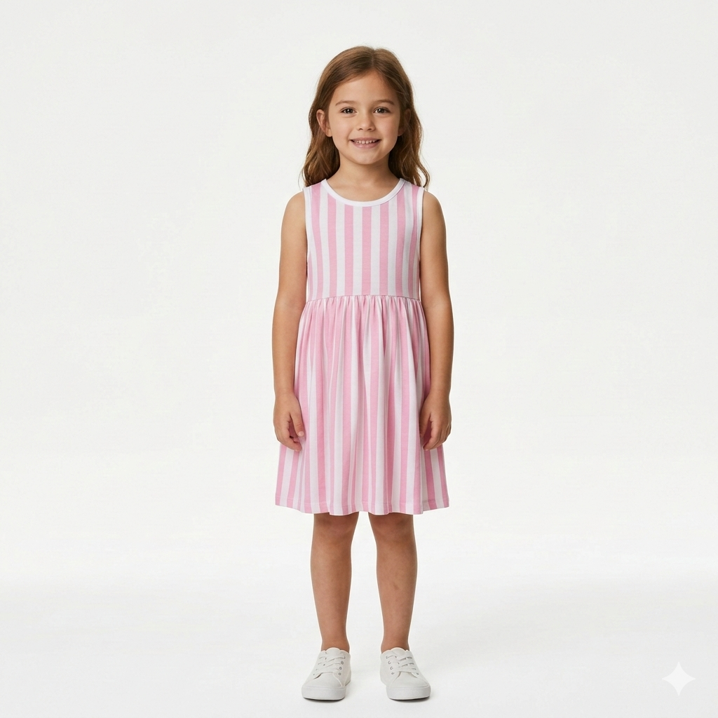 Girls Pink & White Striped Fit and Flare Dress (BG-000380)