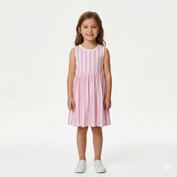 Girls Pink & White Striped Fit and Flare Dress (BG-000380)