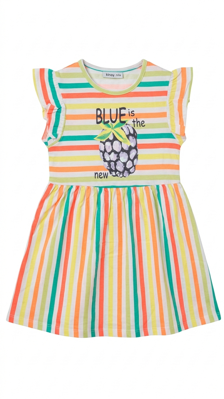 Girls Multi-color Striped Dress with Berry Illustration (BG-000384)