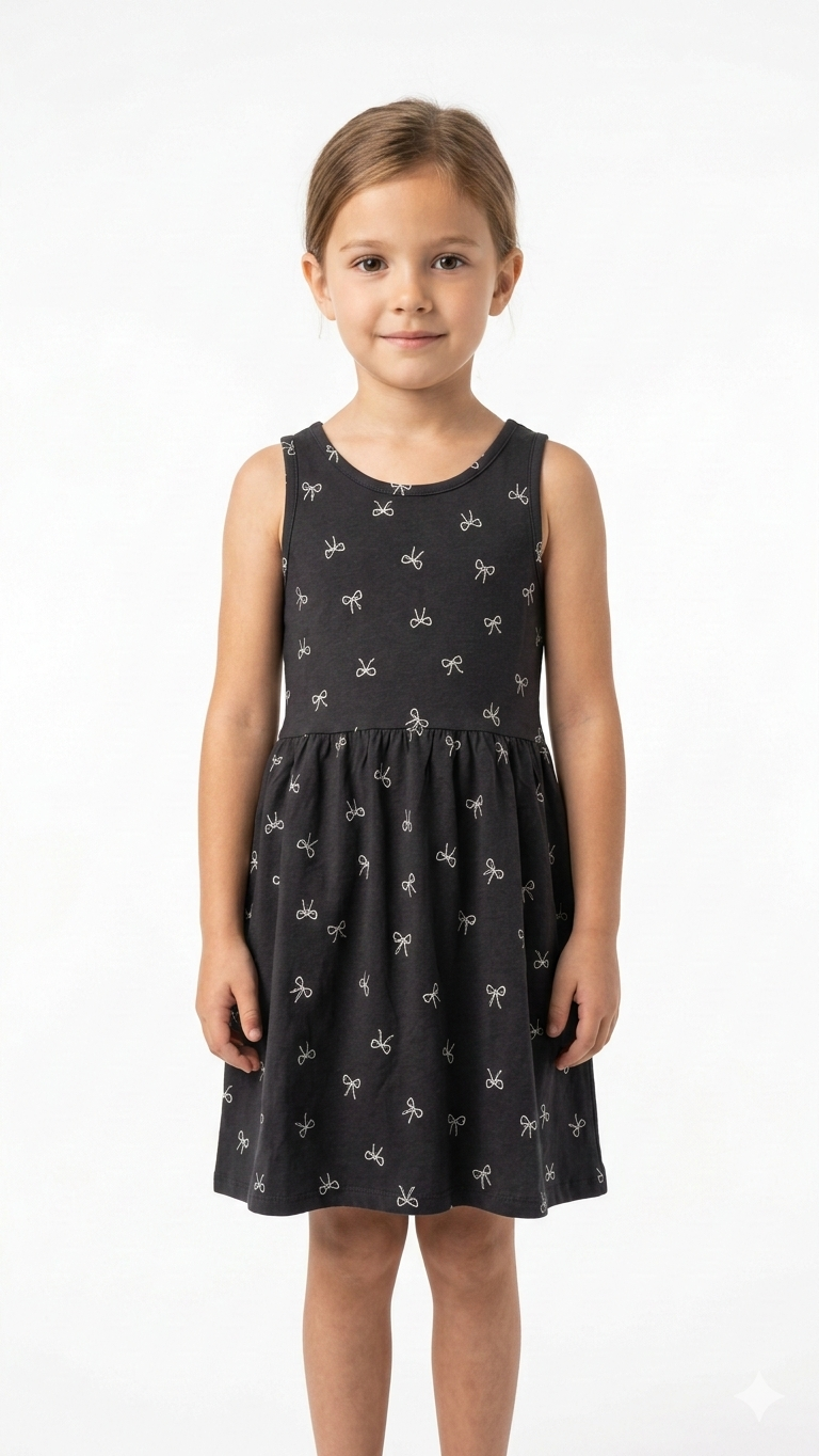 Girls Black Bow Printed Dress (BG-000379)