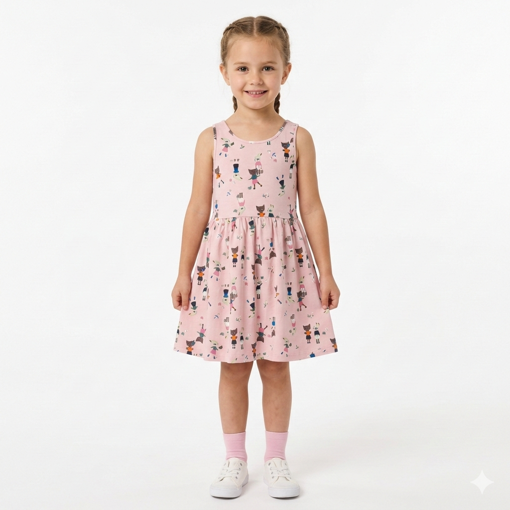 Girls Sleeveless Dress in Pink & Cat Print (BG-000378)