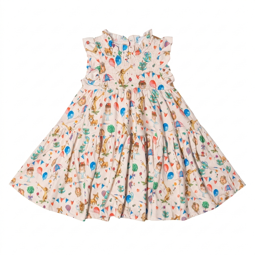 Girls Sleevesless Cream printed Frock with Frill Collar (BG-000387)