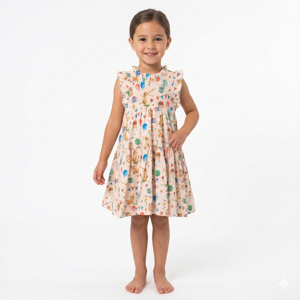 Girls Sleevesless Cream printed Frock with Frill Collar (BG-000387)