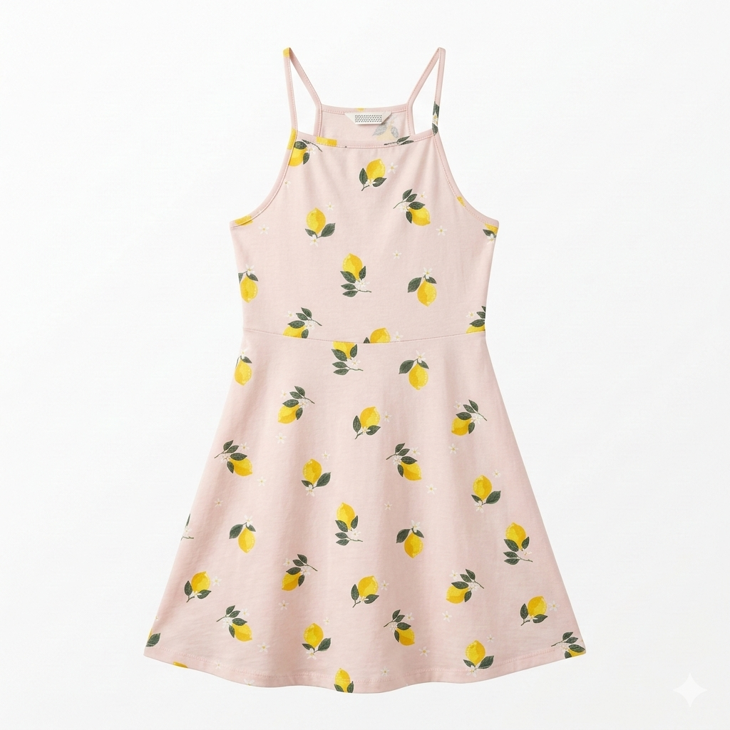 Girls Printed Dress in Light Pink & Leamons (BG-000392)