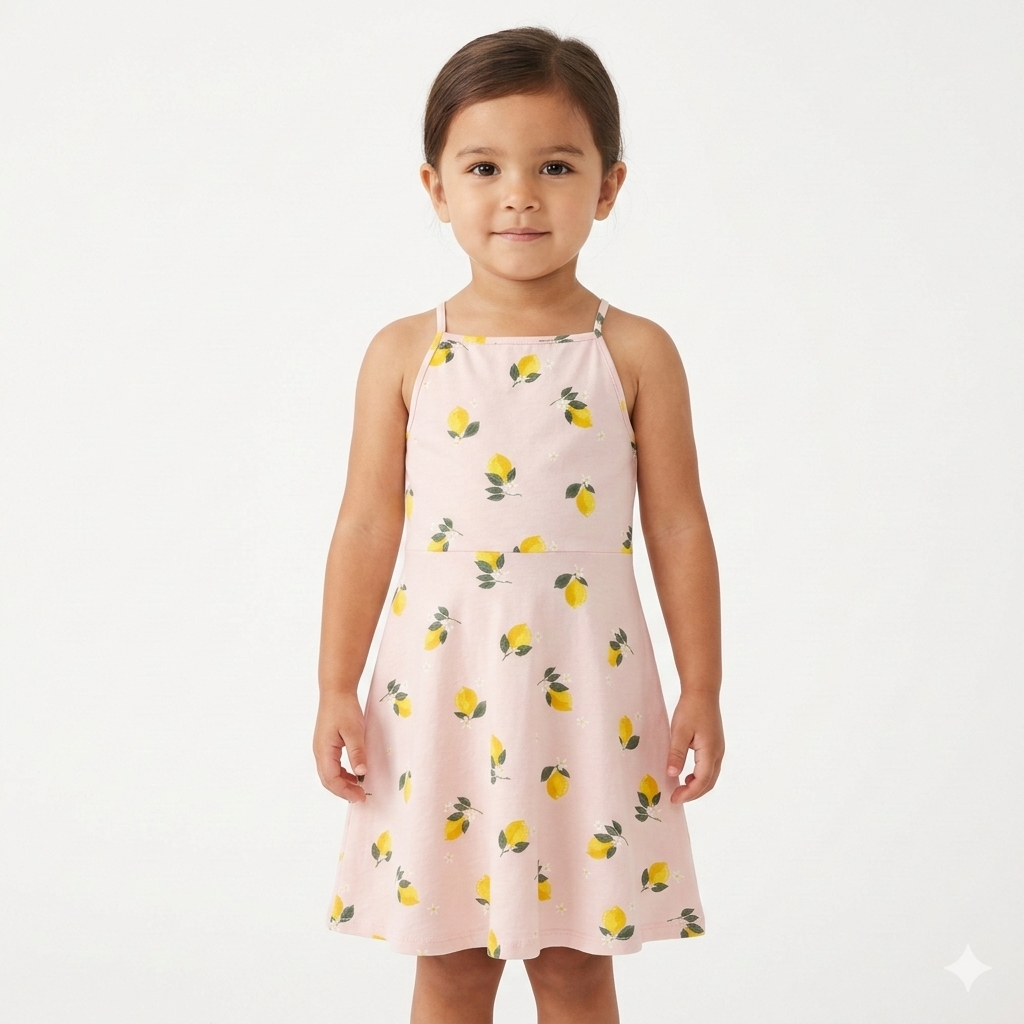 Girls Printed Dress in Light Pink & Leamons (BG-000392)
