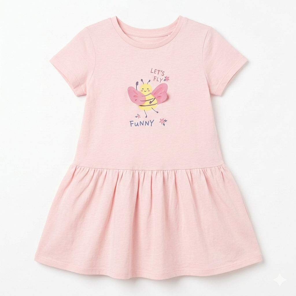 Girls Light Pink Short-Sleeve Frock with Bee Graphic Print and  Lets Fly Funny Text (BG-000394)