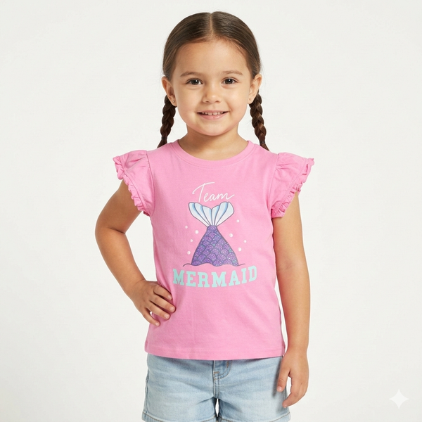 Girls Shirt with Team Mermaid Graphic & Flutter Sleeves (BG-000396)