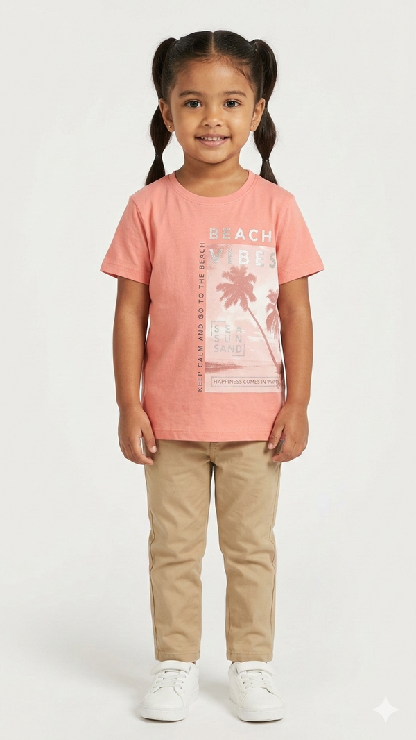 Girls Coral Pink Shirt with Beach Vibes Print (BG-000401)