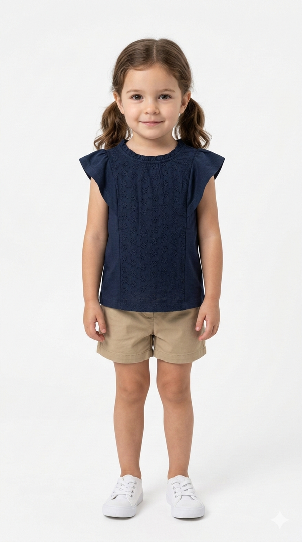 Navy Blue Short Sleeve Girls Top with Embroidered Flower (BG-000372)