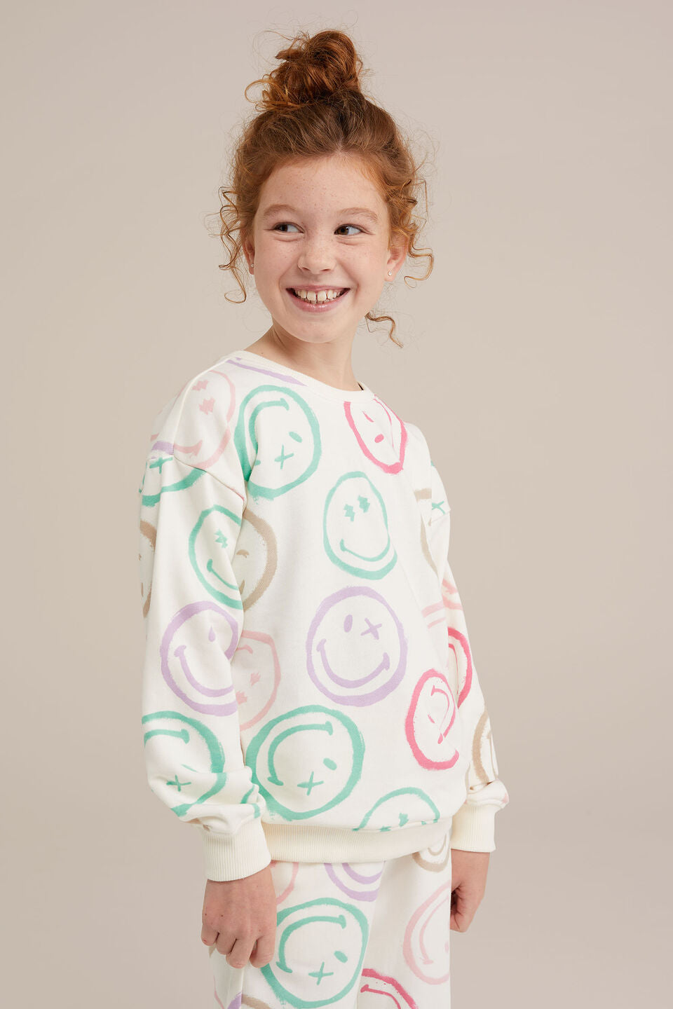 Kids Taupe Sweatshirt - 4 Colorful Smiley Faces Graphic