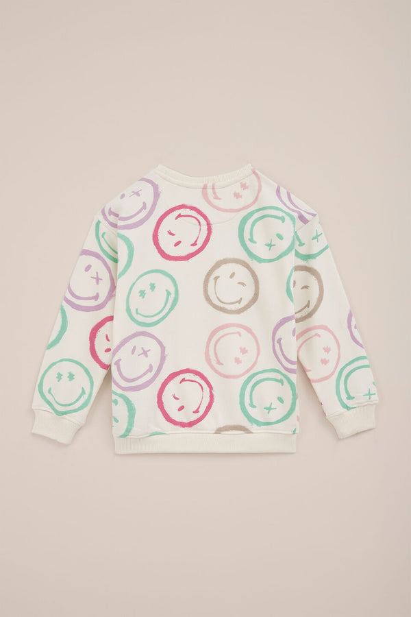Kids Taupe Sweatshirt - 4 Colorful Smiley Faces Graphic